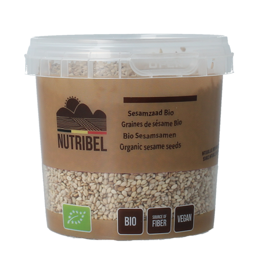 Organic Nutribel sesame seeds in a 200g package, raw superfood for healthy cooking and snacking.