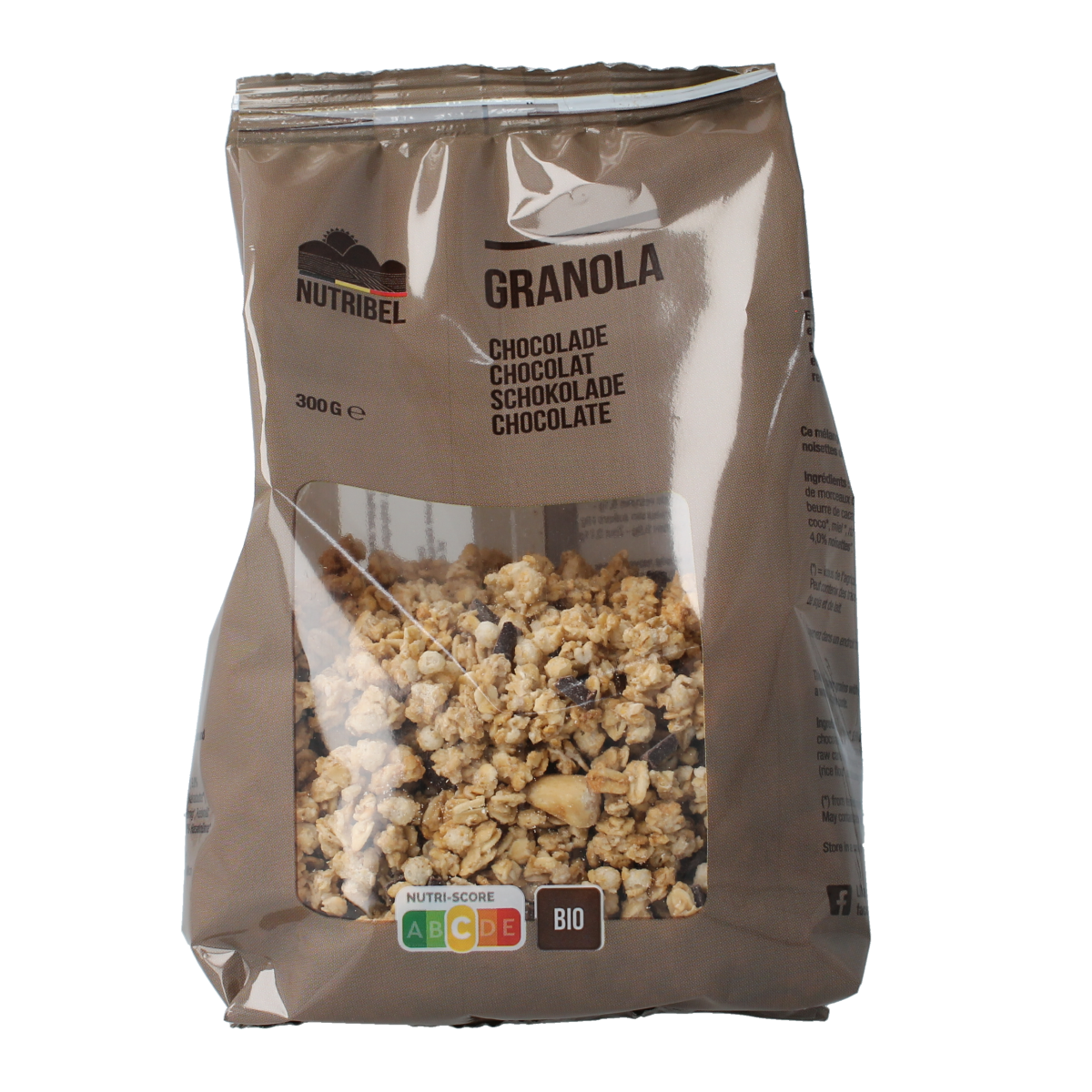 Nutribel Bio Chocolate Granola breakfast cereal in a 300g package, showing crunchy chocolate-flavored oats and nuts