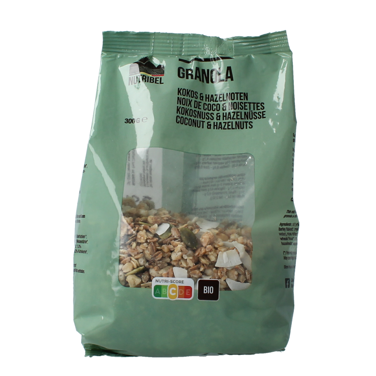 Nutribel organic kokos hazelnut granola in a 300g package, perfect for breakfast, with visible clusters and nuts.