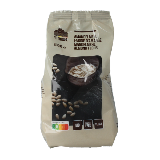 Gluten-free organic almond meal by Nutribel in a 200g package, suitable for baking and gluten-free recipes.