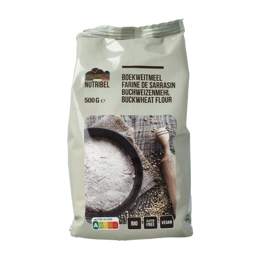Nutribel gluten-free buckwheat flour in a 500g package, natural and organic, for baking and cooking.
