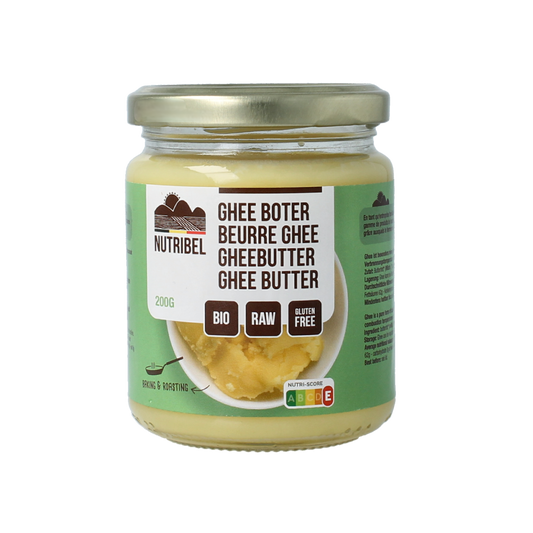 Organic Nutribel Ghee butter in a 200g container, showcasing a golden, creamy ghee suitable for cooking and baking.