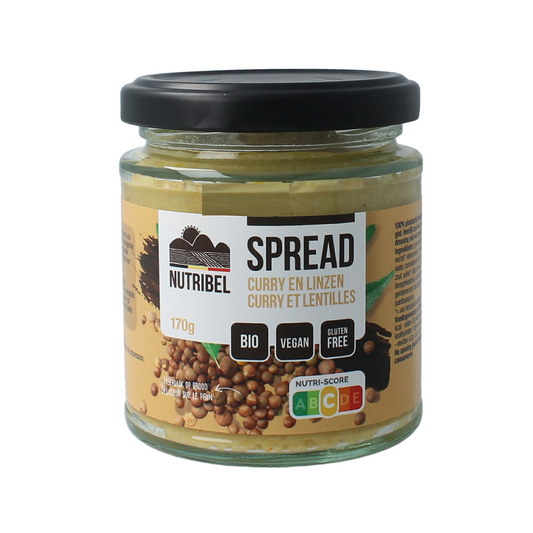 Nutribel Curry Linzen Spread gluten-free bio broodbeleg jar with label and spreadable texture in a close-up image