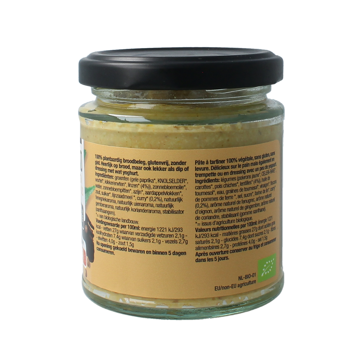 Nutribel Curry linzen spread glutenfrei Bio, 170g, on bread as a nutritious broodbeleg with a spicy lentil flavor.