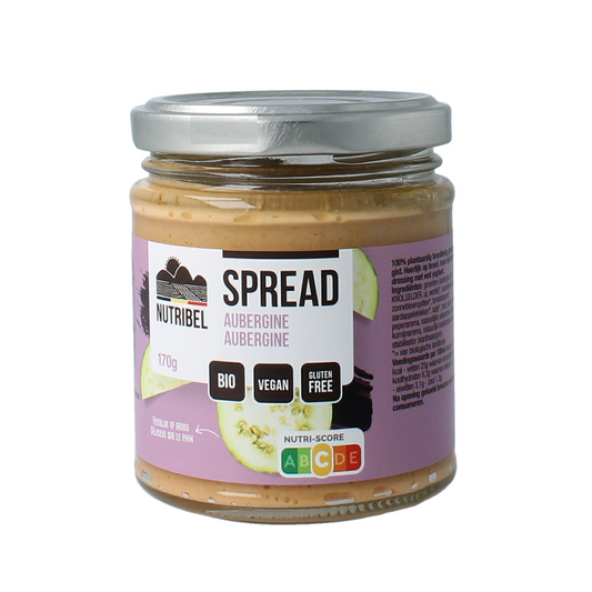 Nutribel aubergine spread gluten-free bio broodbeleg on bread, showing smooth purple spread with fresh bread slices