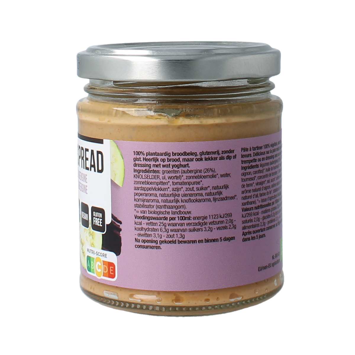 Nutribel aubergine spread gluten-free bio on bread, showing a jar with purple aubergine spread and fresh bread slices.