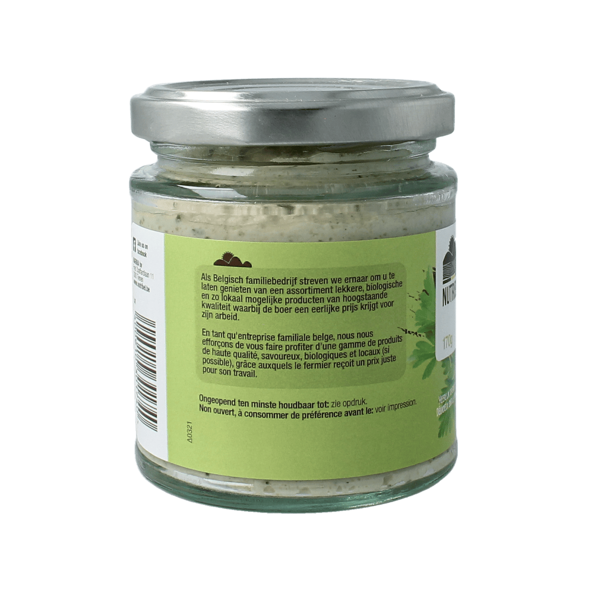 Nutribel kruiden spread gluten-free organic broodbeleg in 190ml jar, with visible fresh herbs and creamy texture.