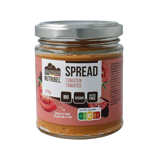 Nutribel Tomaten spread gluten-free organic broodbeleg on bread, showing vibrant red tomato spread in a jar.