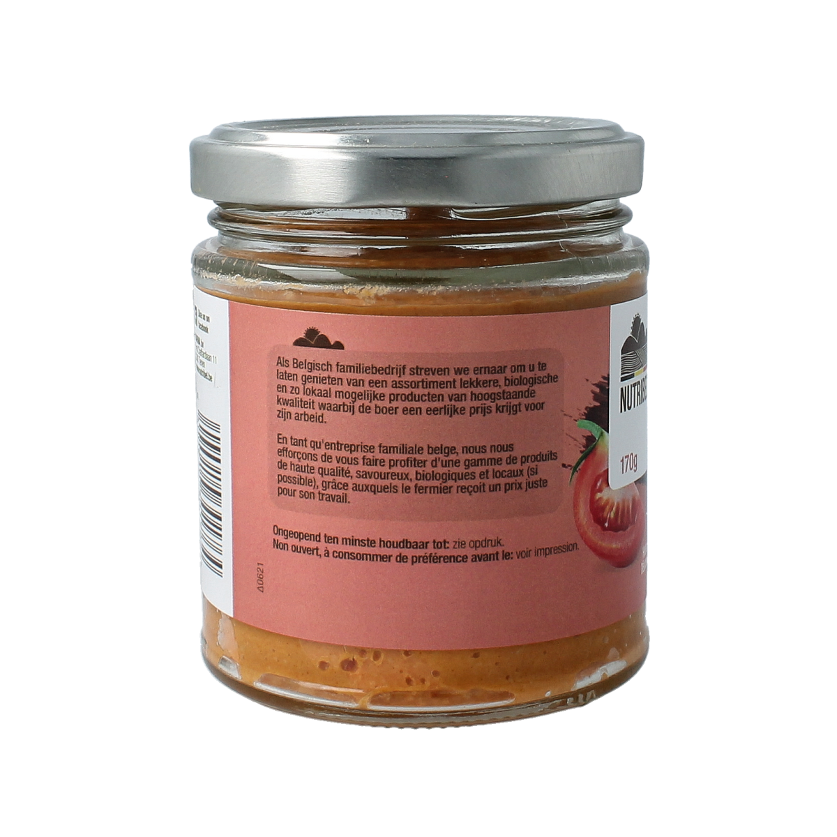 Nutribel Tomaten spread glutenvrij bio, 170ml, a natural tomato-based broodbeleg with organic ingredients.