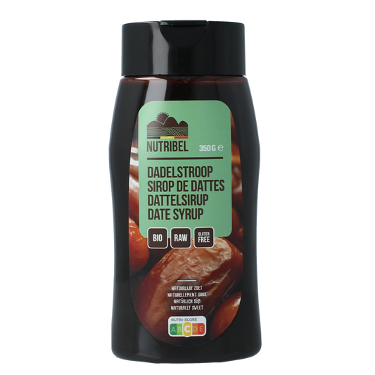 Nutribel organic date syrup spread on bread, 350g jar, natural sweetener and healthy broodbeleg option.