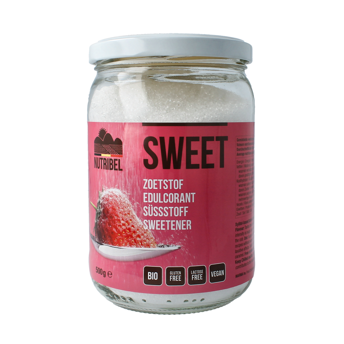 Nutribel Sweet xylitol bio in 500g package, natural sweetener for baking and beverages, with fresh, white crystalline appearance.