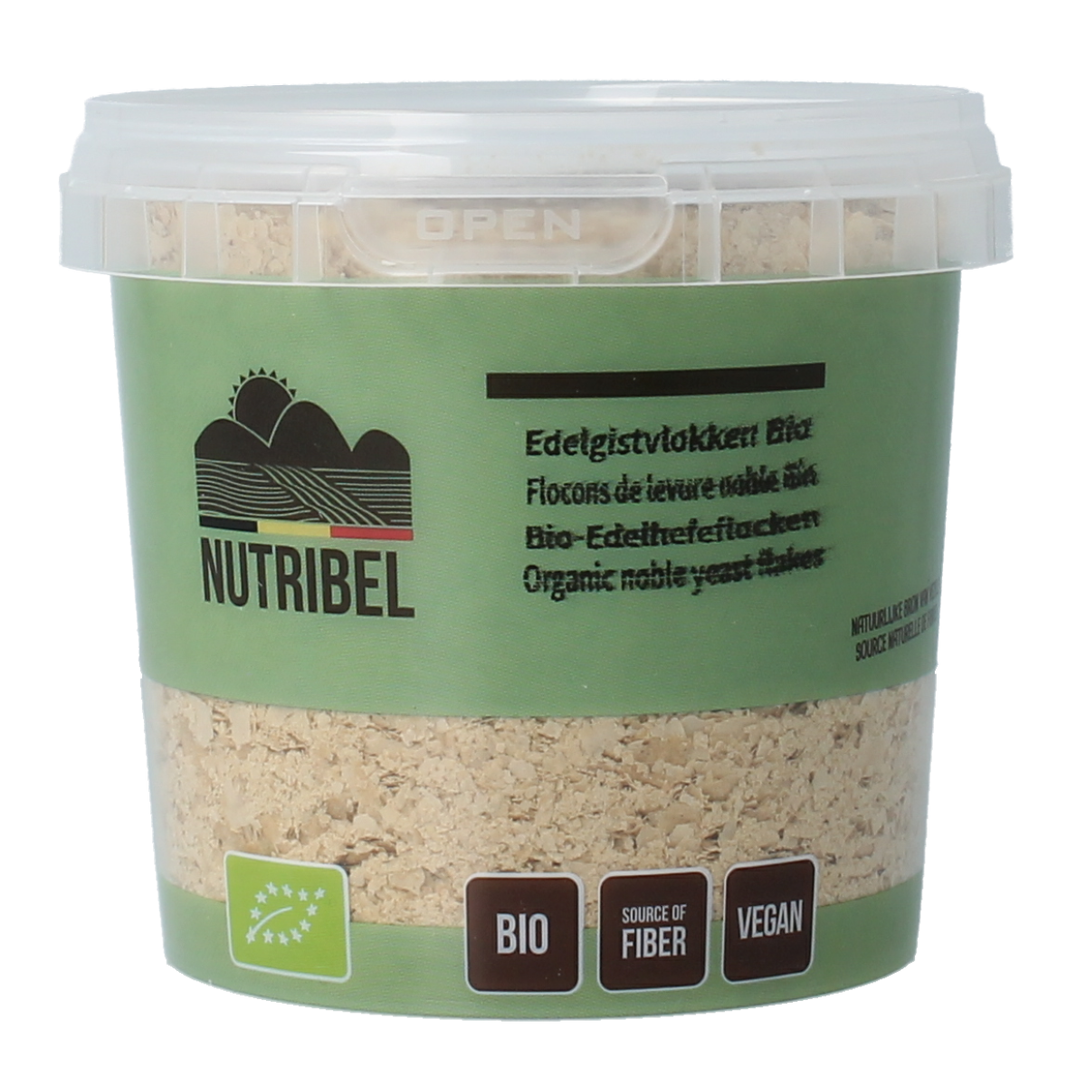 Nutribel Edelgistvlokken bio, 100g, raw superfood with golden flaxseed flakes in a clear package, ideal for healthy diets