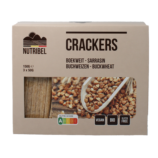 Nutribel bio boekweit crackers, 150g, crispy whole grain bread slices in a clear package.