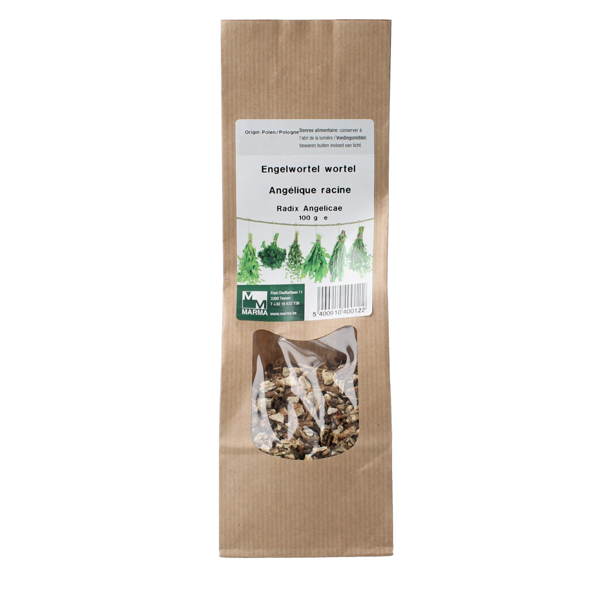 Marma Engelwortel kruid in 100g packaging, used in salt mixes and meal seasonings, organic herbal product from Marma.