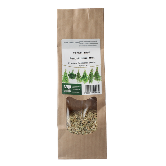 Marma Venkelzaad 100g, fresh fennel seeds in a clear container, part of Marma kruiden, zouten en maaltijdmixen product line