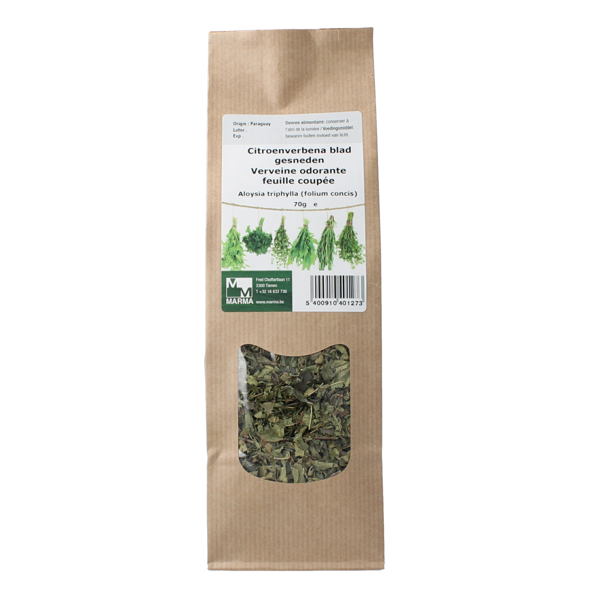 Marma Citroenverbena dried herb leaves, 70g, in a clear container, ideal for cooking and herbal infusions.