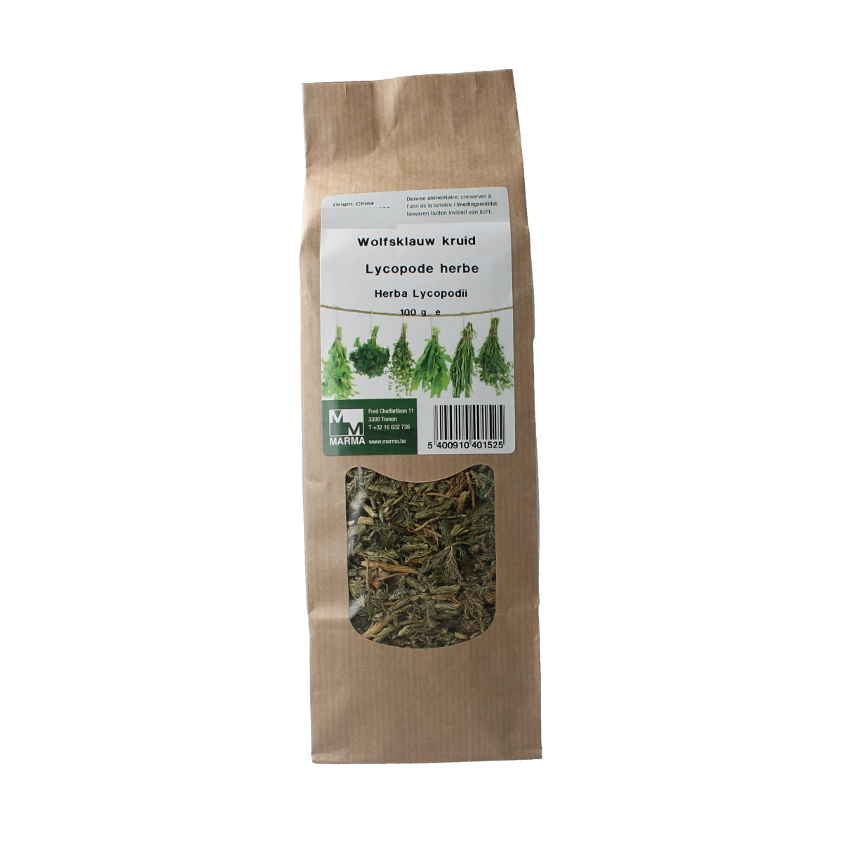 Marma Wolfklauw kruid in a clear container, part of Marma's kruiden, zouten en maaltijdmixen selection, 100 grams.