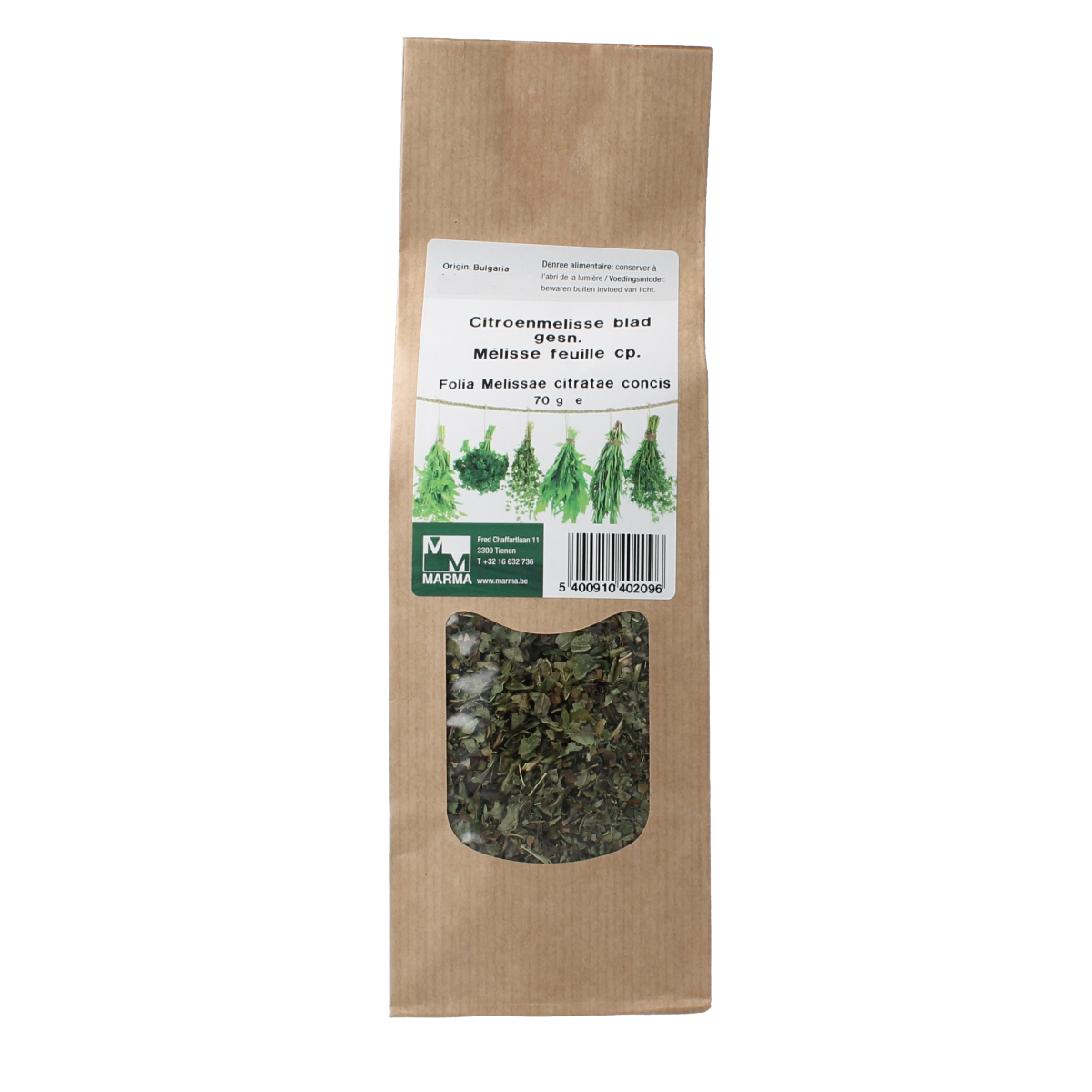 Marma Citroenmelisse leaf slices in a clear container, 70g, part of kruiden, zouten en maaltijdmixen collection