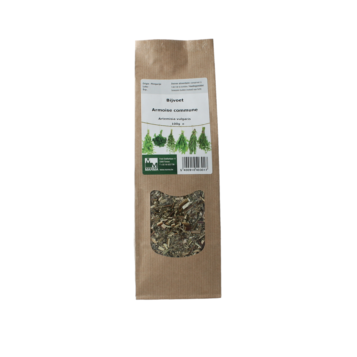 Marma Bijvoetkruid 100g, herbal salt and seasoning from Marma, displayed in a clear bag with fresh green herbs.
