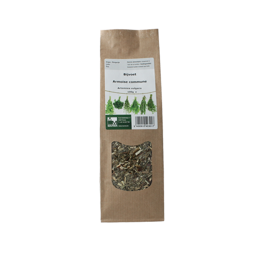 Marma Bijvoetkruid 100g, dried herb from Marma, used in cooking and herbal remedies, shown in a clear package.