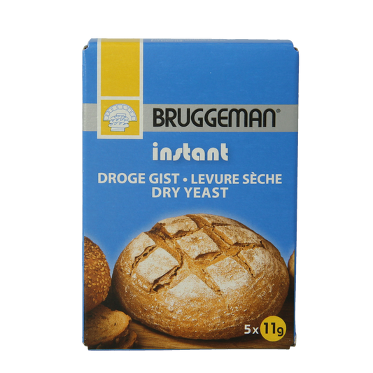 Bruggeman instant gist mix in 5 packs of 11 grams each, ideal for baking and cooking, shown in the product image.