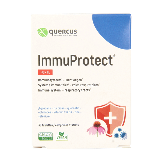 Box of Quercus Immuprotect Forte herbal supplement tablets, showing 30 tablets in a clear container with label.