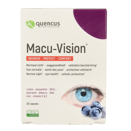 Quercus Macu-vision multivitamin capsules in a bottle, dietary supplement for eye health by Quercus.