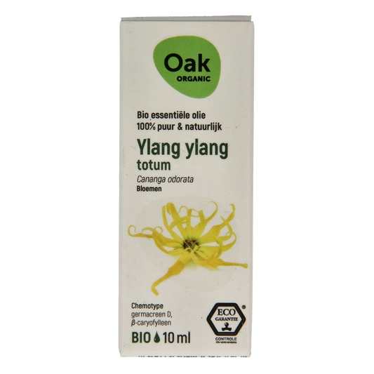 Bottle of Oak Ylang Ylang bio essential oil in a 10ml amber glass container with a white label and black cap.