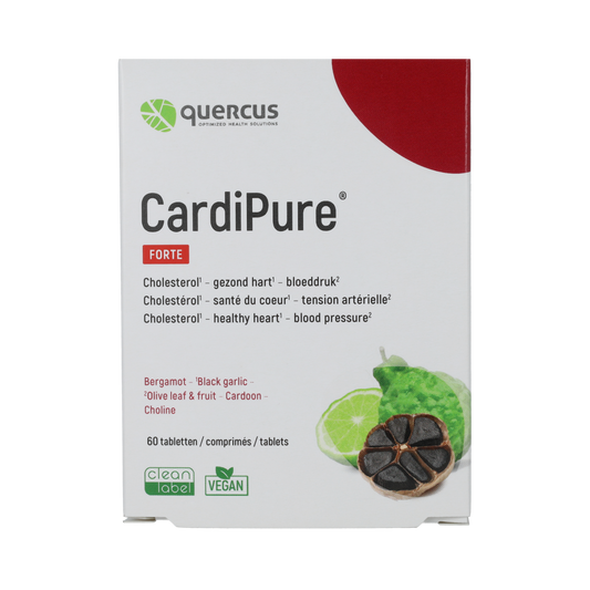 Quercus CardiPure herbal supplement tablets in a bottle, part of Quercus kruidenpreparaten line, shown in the image.