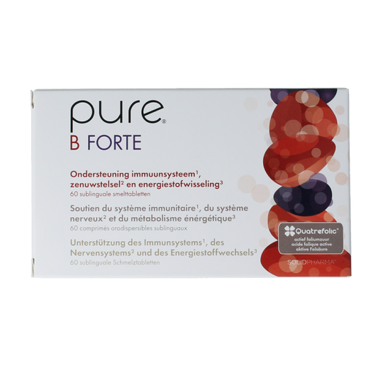 Pure B Forte vitamin supplement in a bottle of 60 tablets, featuring colorful tablets and the product label.