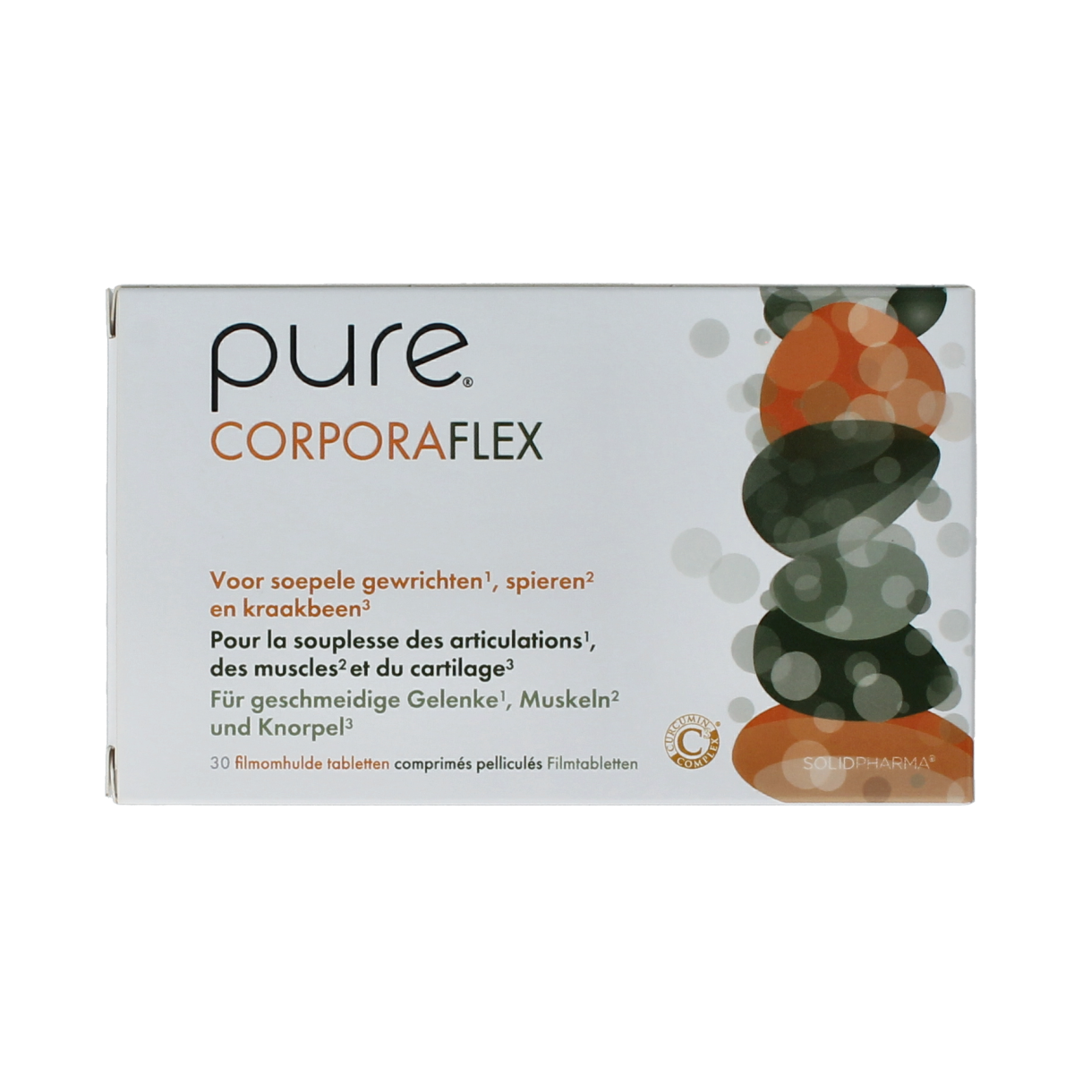 Pure Pure Corporaflex 30 tablets dietary supplement bottle with white label and capsule images on the label.