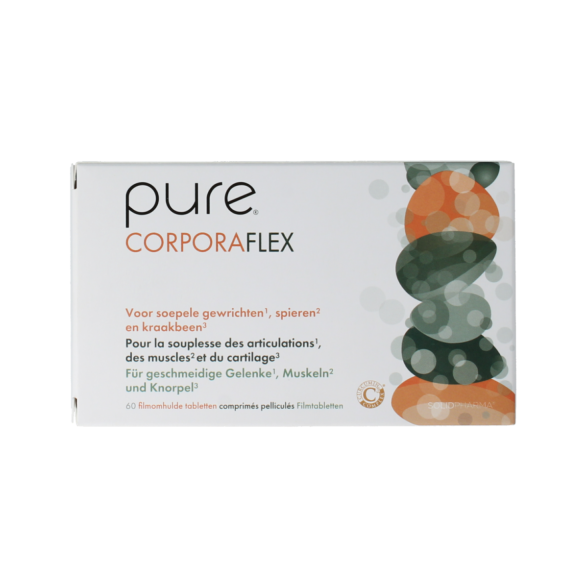 Pure Pure Corporaflex 60 tablets dietary supplement in a white bottle with label, designed to support joint health and flexibility.