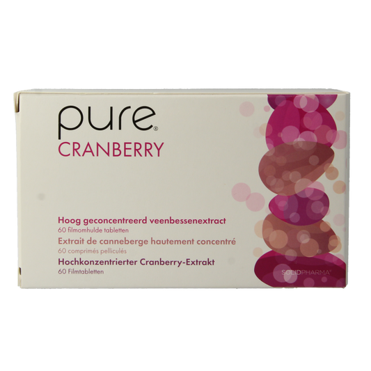 Pure Cranberry 500mg herbal supplement tablets, showing a bottle of 60 tablets with cranberry fruit images on the label.