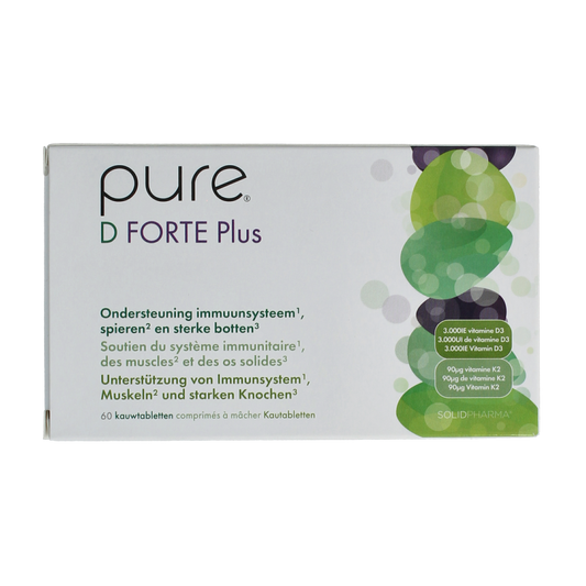 Pure D-forte Plus vitamin tablets in a blister pack, showing individual yellow tablets for immune support.