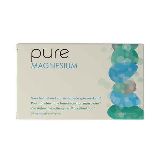 Pure Magnesium mineral capsules in a bottle, showing the supplement's label and capsule details for optimal health support.