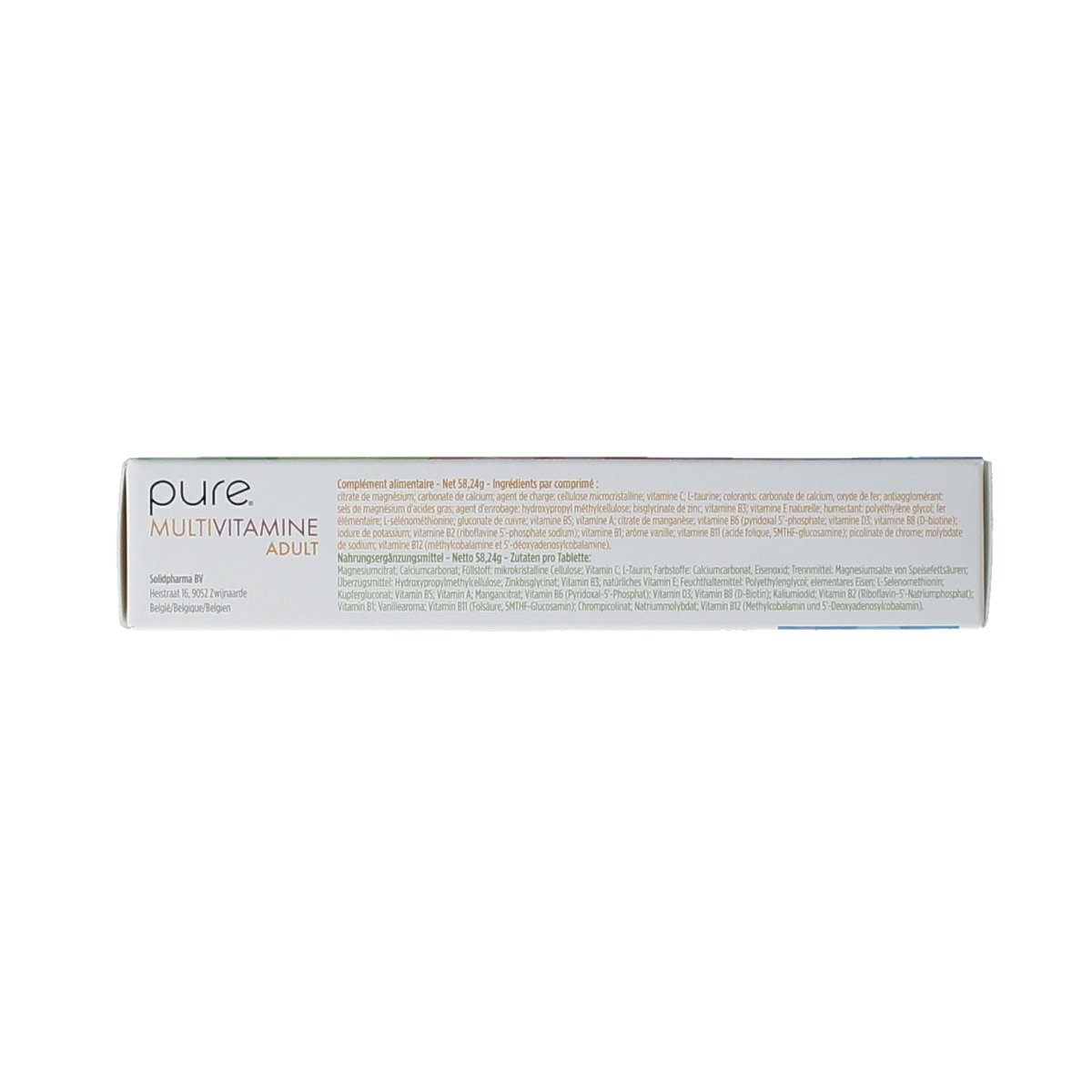 Pure adult multivitamin tablets, dietary supplement with 30 tablets, featuring a colorful bottle and tablets inside.