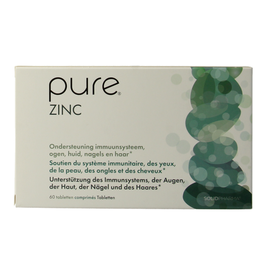 Pure Zinc 60 tablets, mineral supplement by Pure, showing the bottle with tablets and label on a white background.