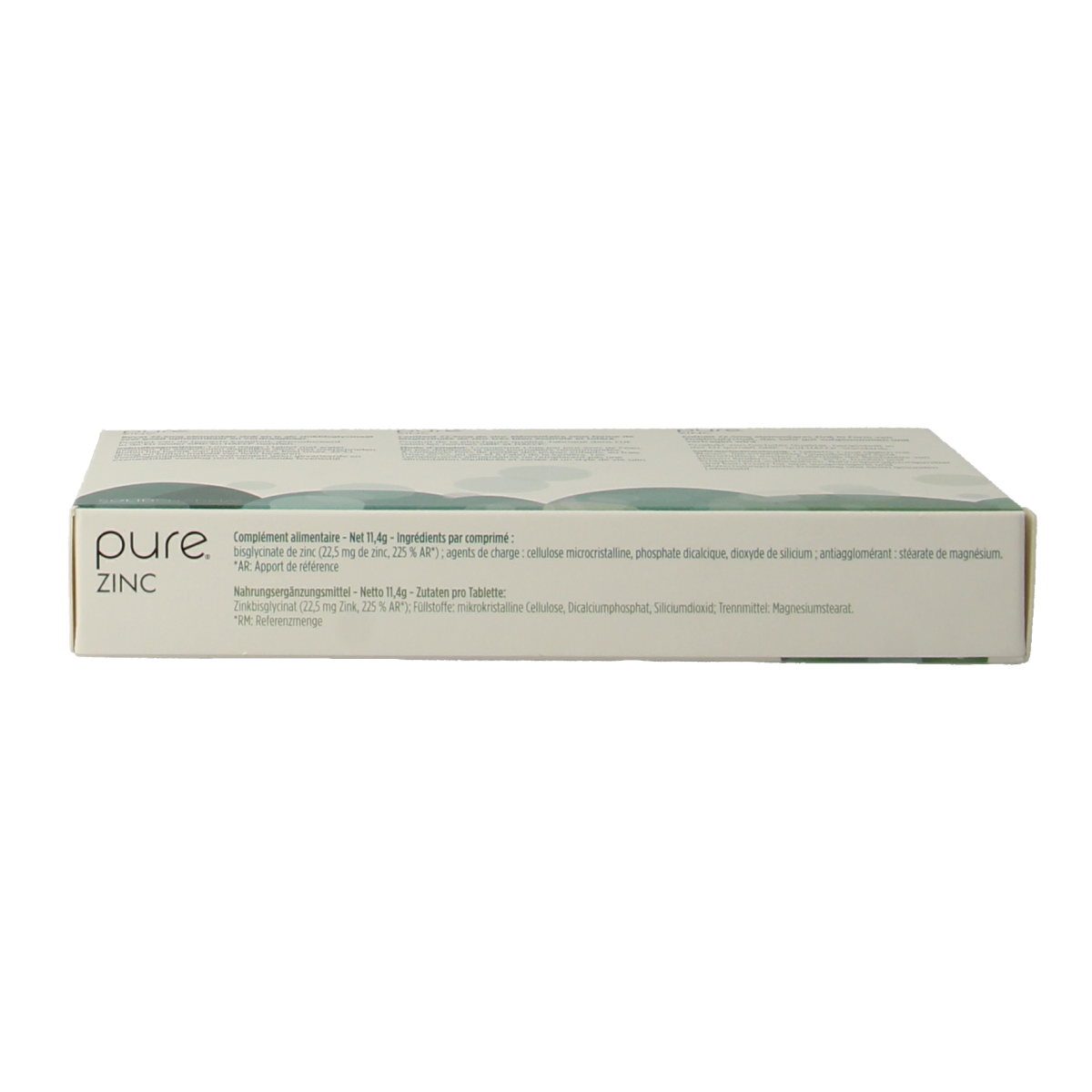 Pure Zinc 60-tablet bottle showing the supplement tablets and label with product details and branding.