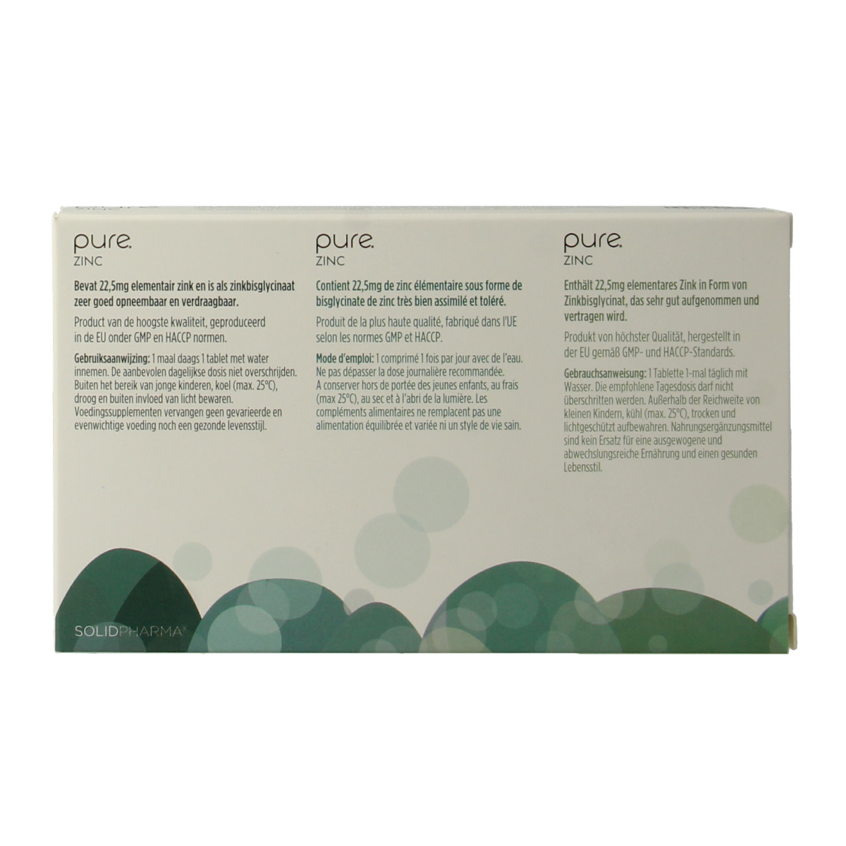 Pure Zinc 60-tablet bottle of mineral supplement with white tablets in a clear container.