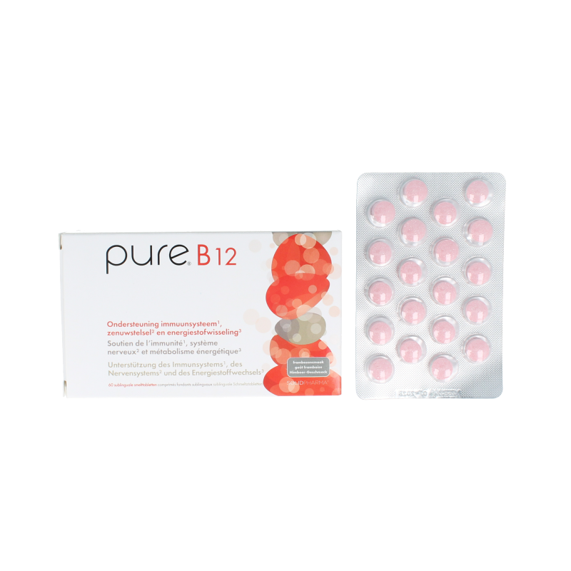 Pure B12 vitamin tablets in a blister pack, showing 60 tablets of Pure's vitamin Enkel B12 supplement.