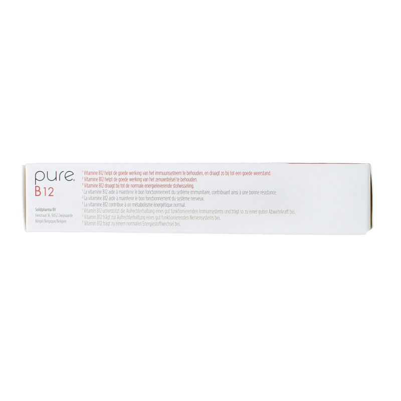 Pure B12 vitamin tablets, 60-count, close-up of the packaging showing the label and tablets inside.