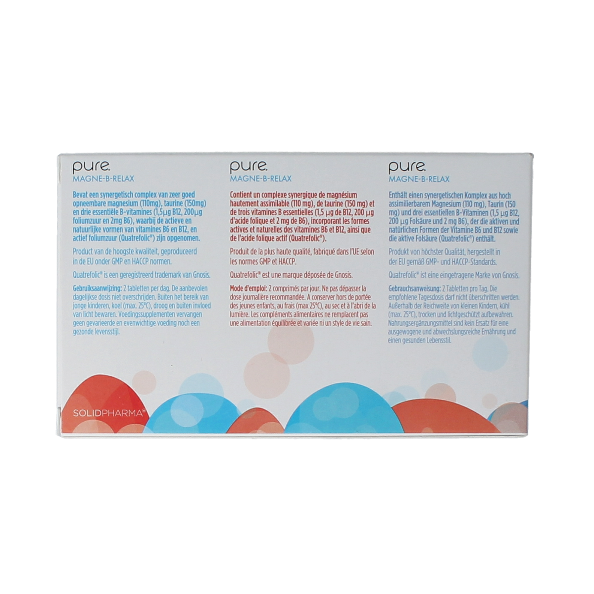 Pure Magne B Relax mineral tablets, 90 count, showing the bottle with tablets inside and label visible.