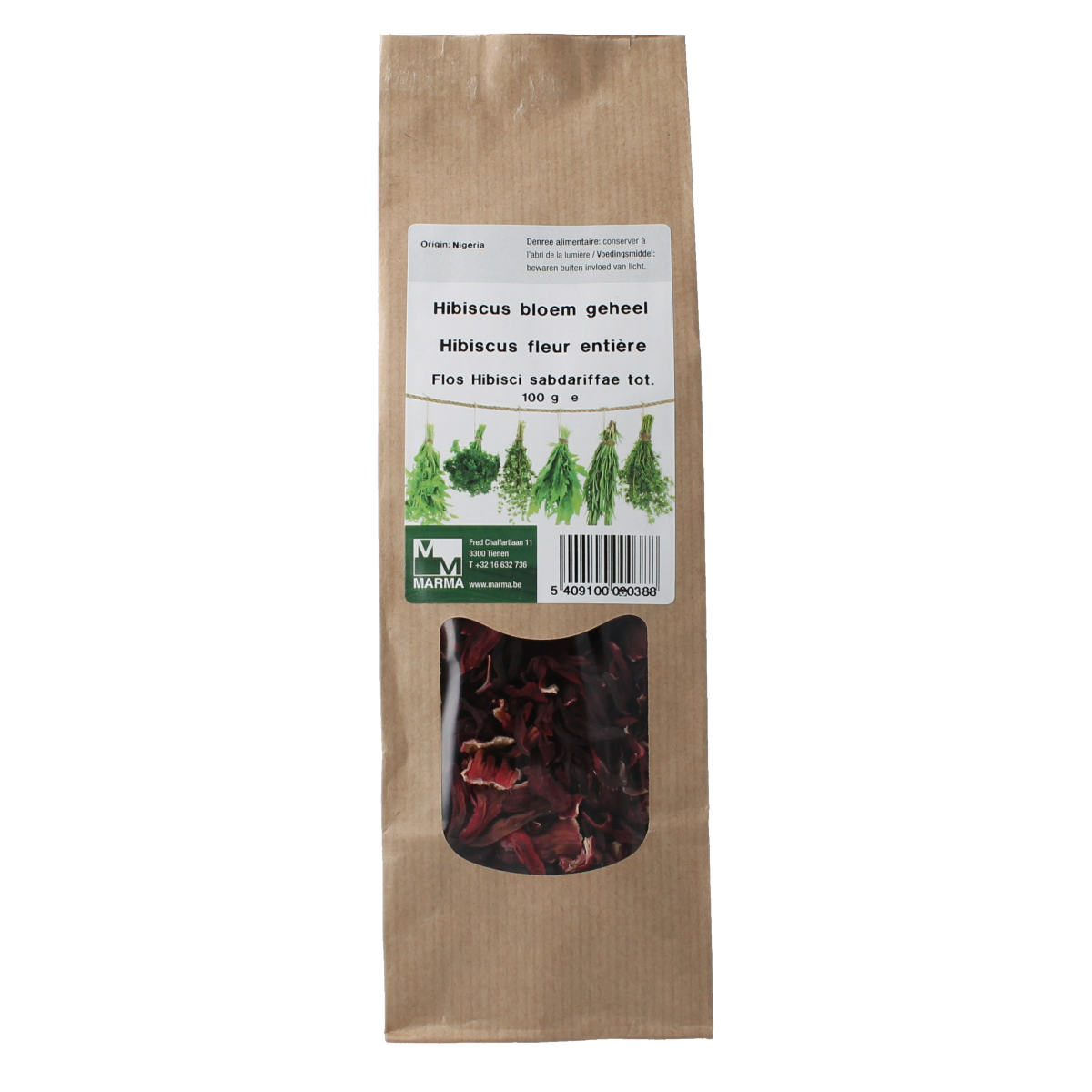 Marma Hibiscus bloem, 100g, dried whole hibiscus petals for herbal teas and cooking, in a clear container