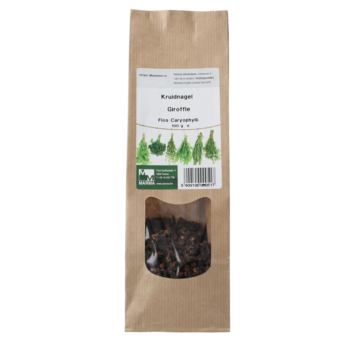 Marma Kruidnagel heel, 100g, dried whole cloves, part of kruiden, zouten en maaltijdmixen collection, in a clear container