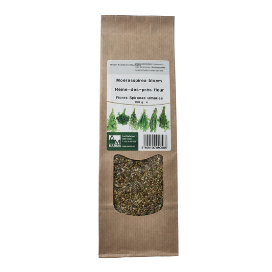 Marma Moerasspirea bloem in 100g package, herbal spice for cooking, shown in a clear image with packaging and product details