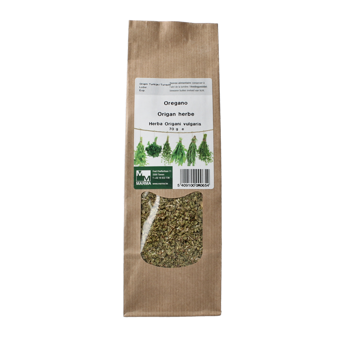 Marma Oregano spice jar with 70g of dried oregano, part of Kruiden, Zouten en Maaltijdmixen collection, on a white background.
