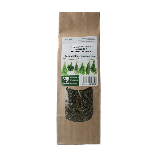 Sliced Marma Pepermuntblad in a 70g package, fresh green herbal leaves for culinary or medicinal use, by Marma.