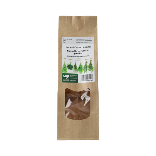 Marma Kaneel Ceylon gemalen, 100g, ground cinnamon spice from Marma, used in cooking and baking, in a clear container