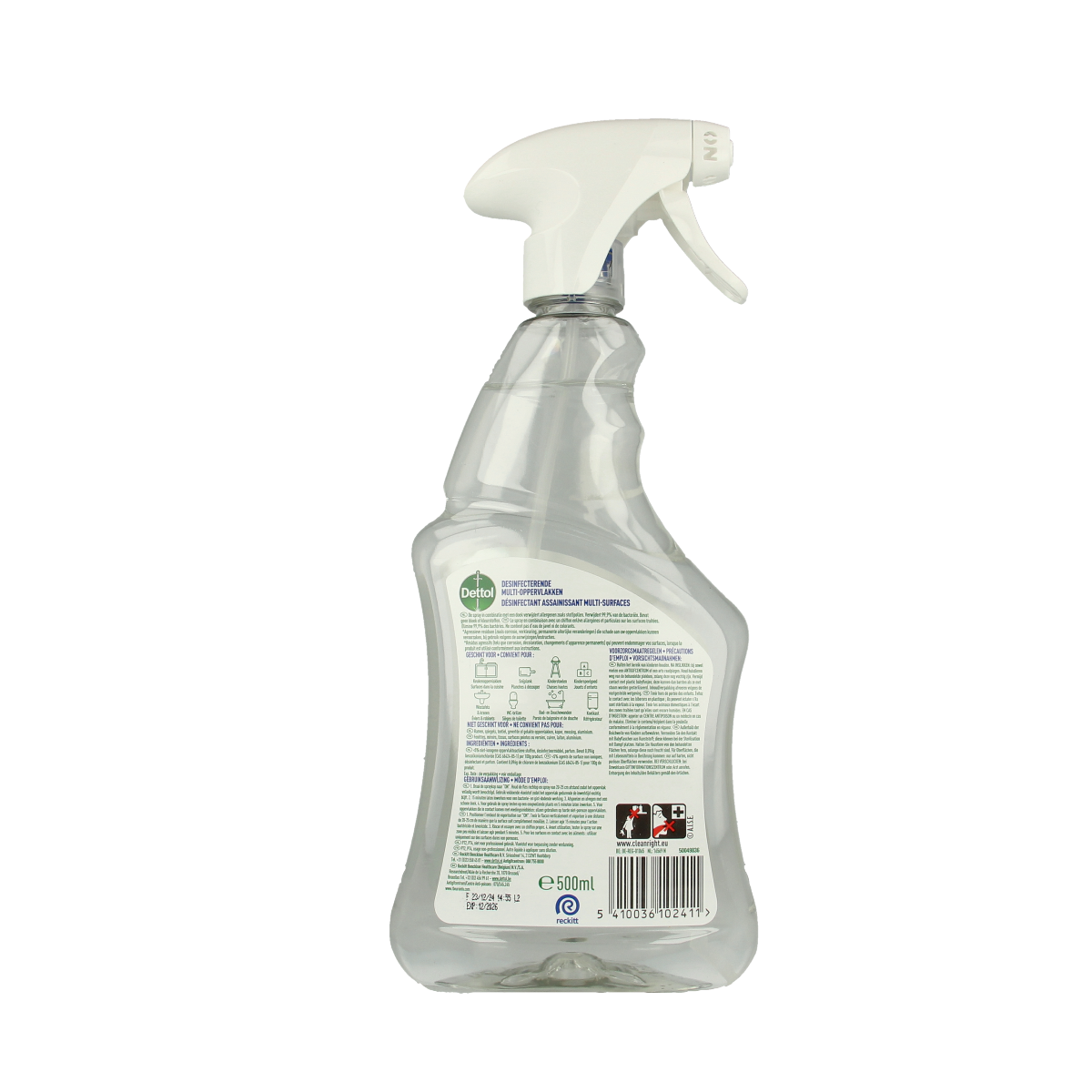 Dettol Multi Reiniger Hygiene cleaning spray bottle with 500ml capacity, featuring a white and green label and spray nozzle.