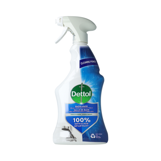 Dettol bathroom anti-limescale spray bottle, 500ml, cleaning product for removing limescale and soap scum in bathrooms.
